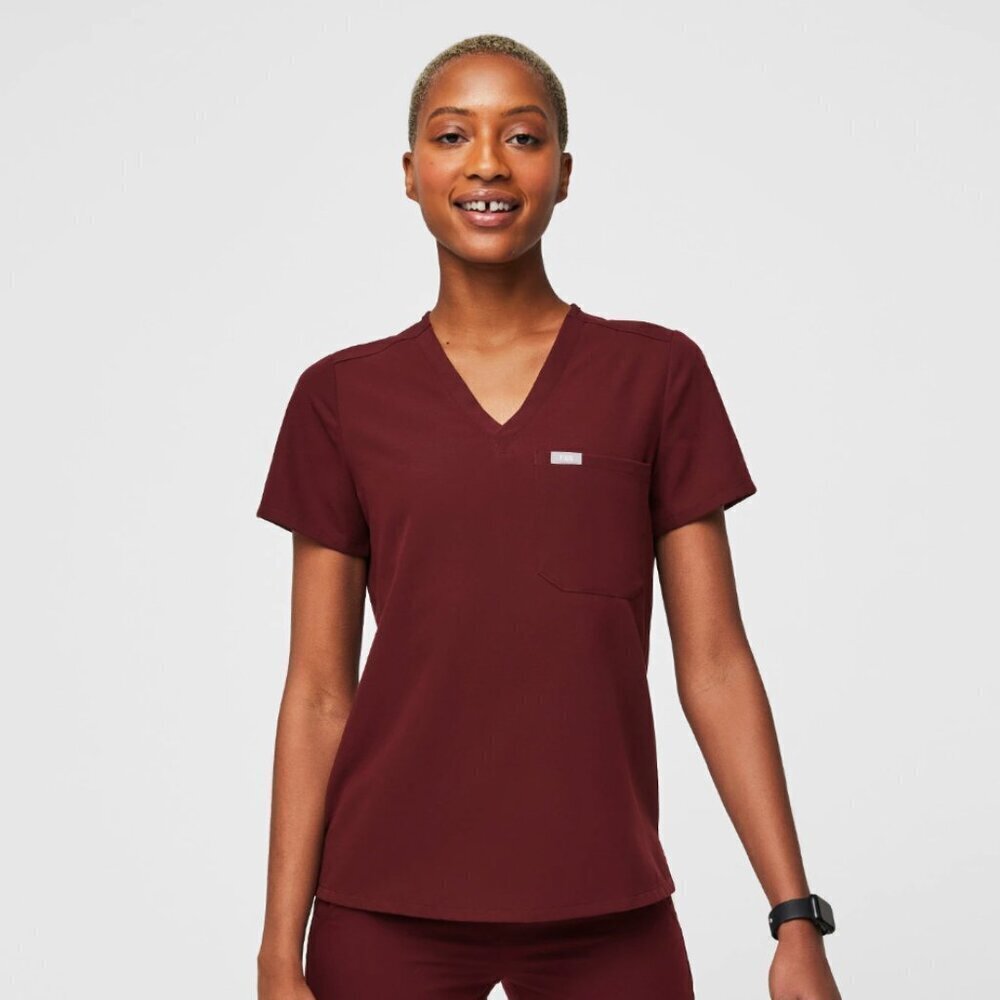 FIGS Women's Catarina One-Pocket Scrub Top in Burgundy, size XXS - Picture 3 of 9